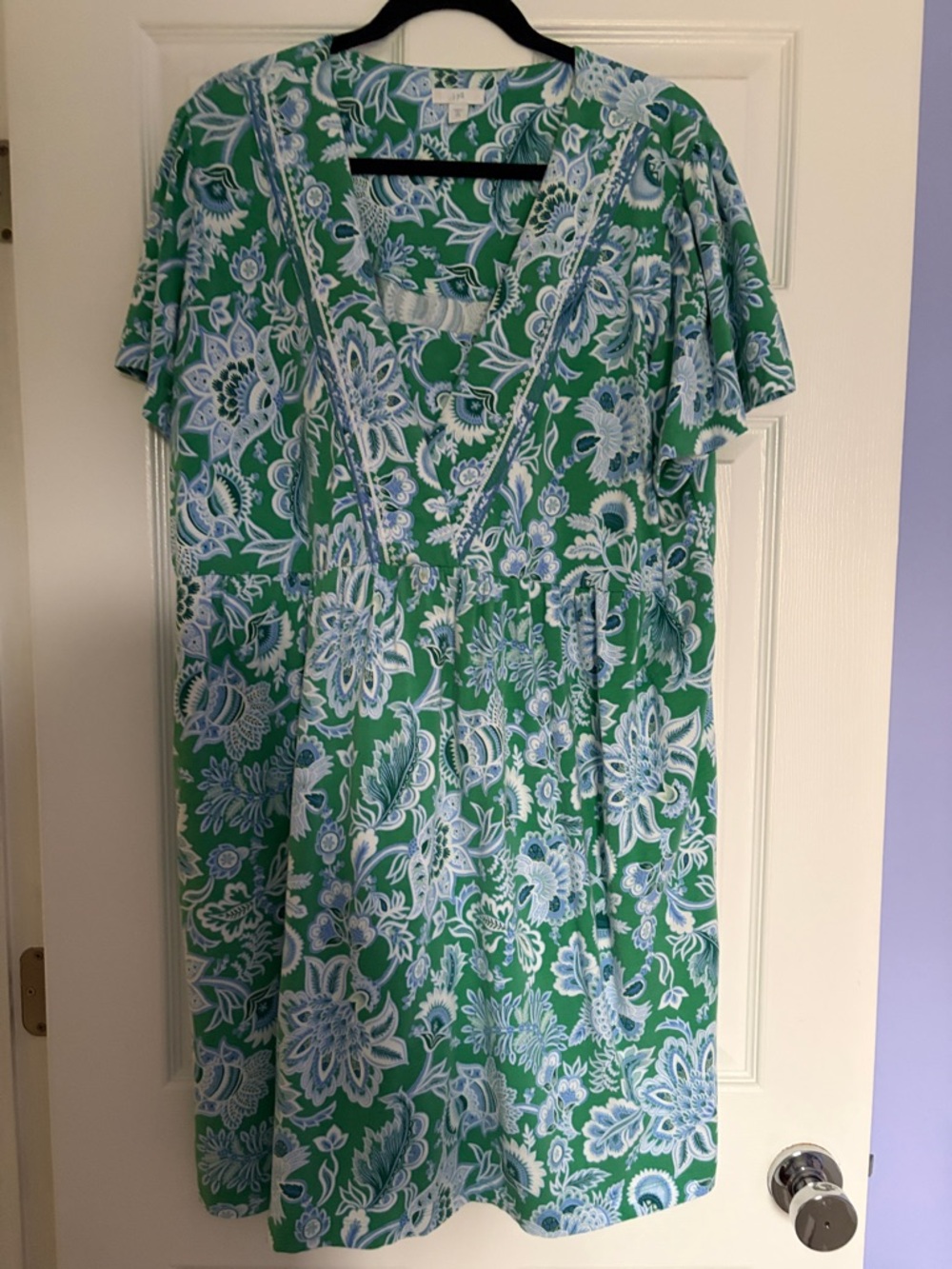 J. Jill Green Floral Midi Dress with Blue and White Print, XL